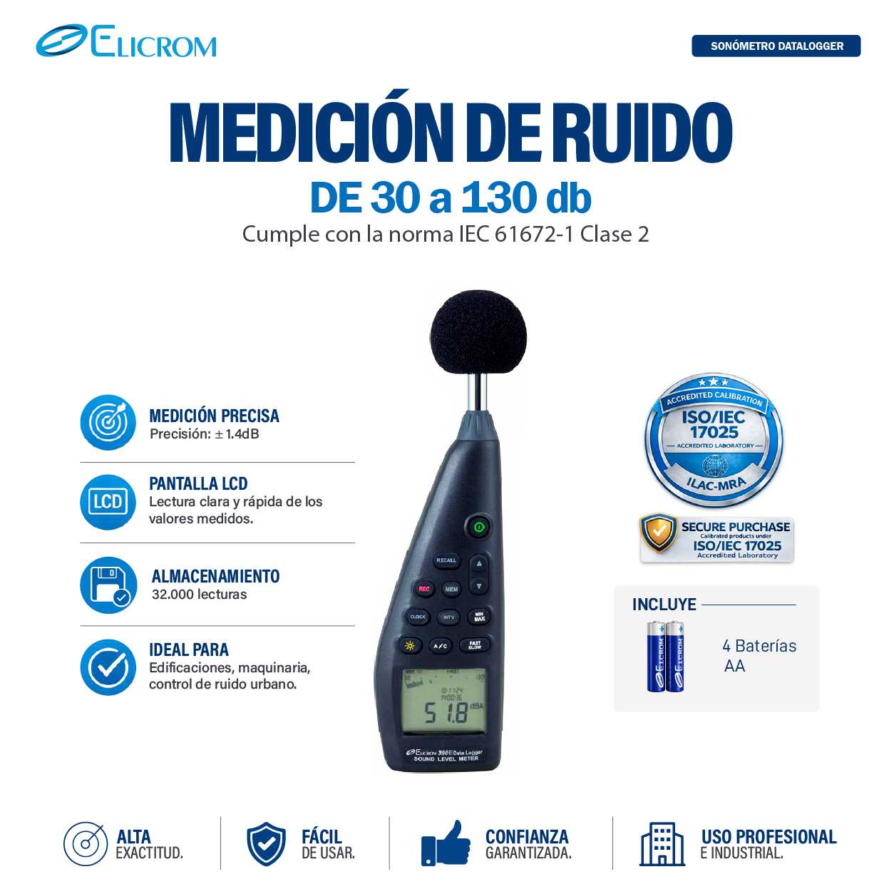 Sonómetro datalogger 30 a 130 db - ELICROM